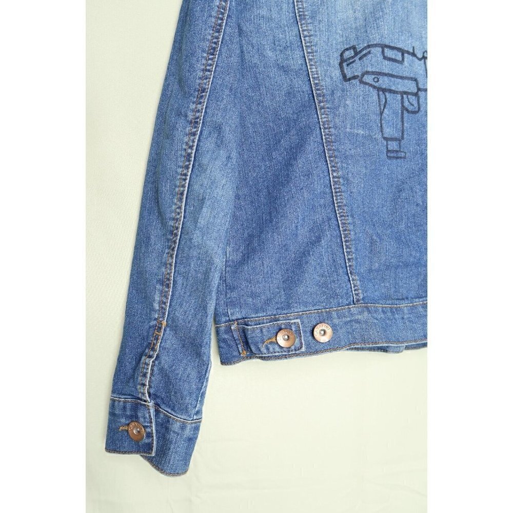 Cavalini Denim Collection Denim Jacket Trucker Distressed Custom Gun Art Small - Picture 9 of 12